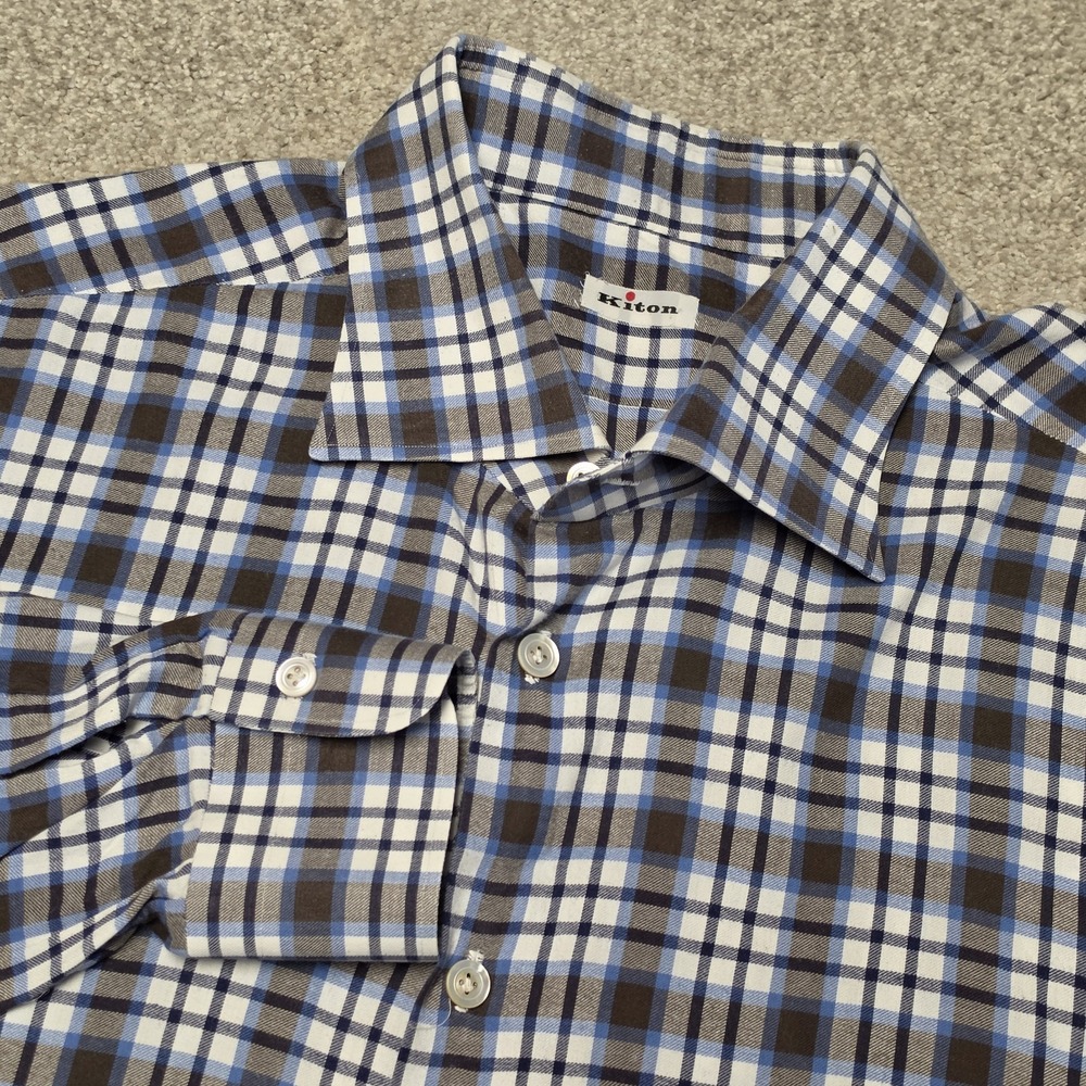 Kiton Mens XXL Plaid Button Down Shirt Italy Cotton Blue Brown Luxury Flaws READ